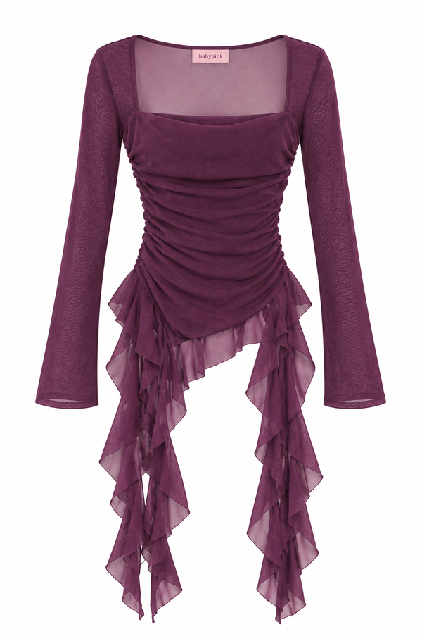 Amethyst Asymmetric Ruched Mesh Top 💜