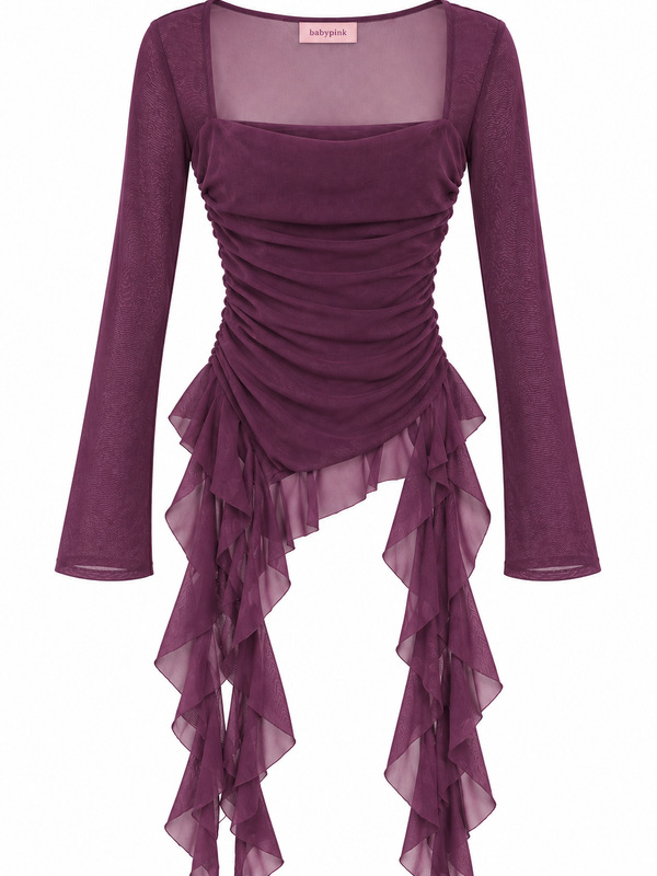 Amethyst Asymmetric Ruched Mesh Top 💜