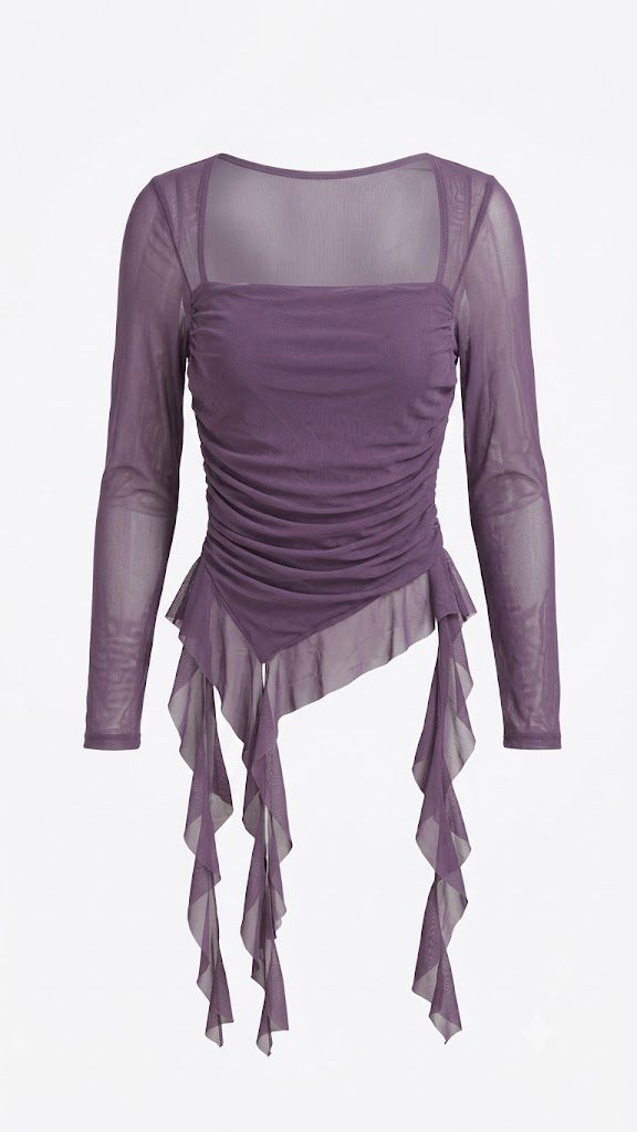 Amethyst Asymmetric Ruched Mesh Top 💜